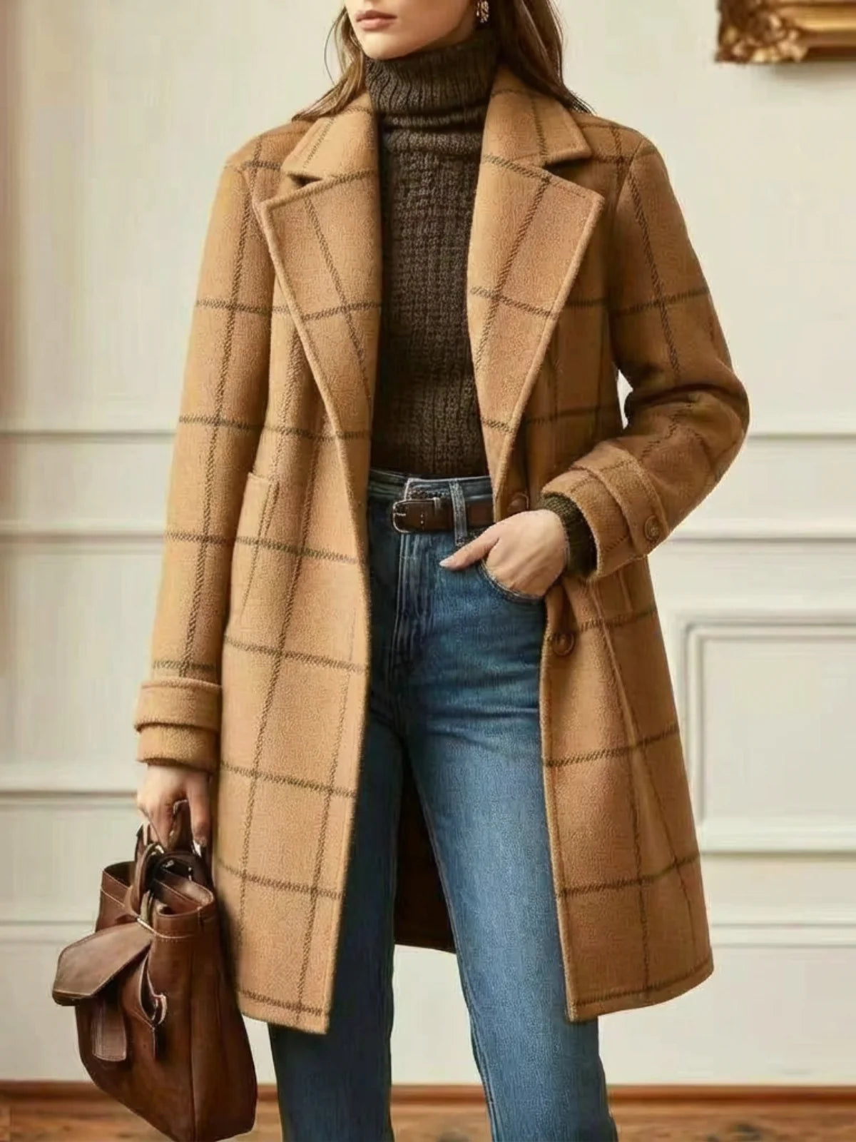 Women's camel plaid long coat