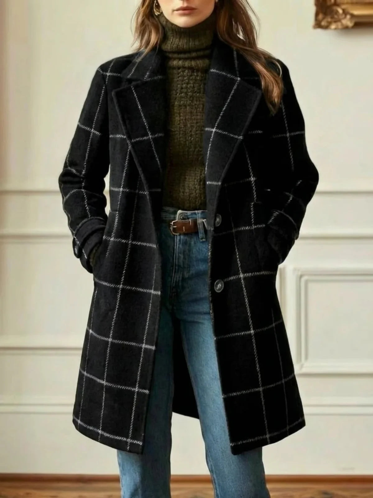 Women's black plaid long coat