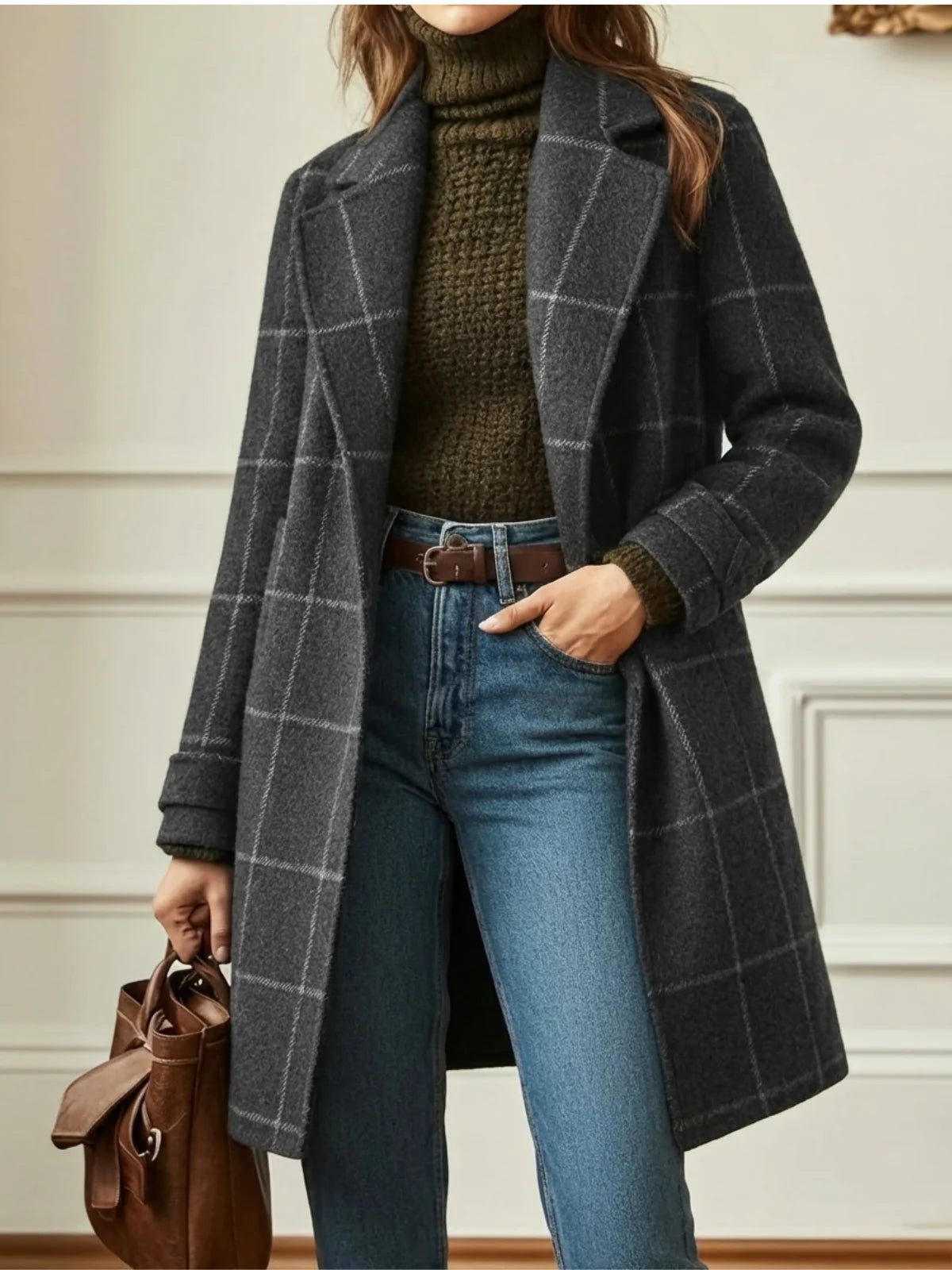 Women's gray plaid long coat