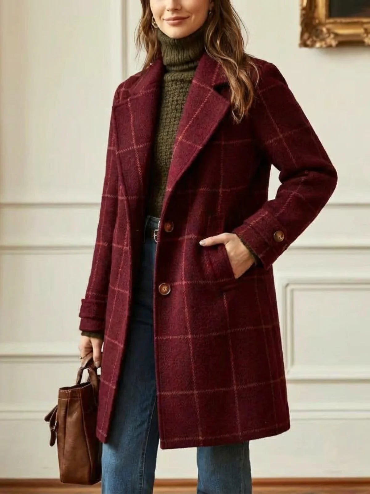 Women's burgundy plaid long coat
