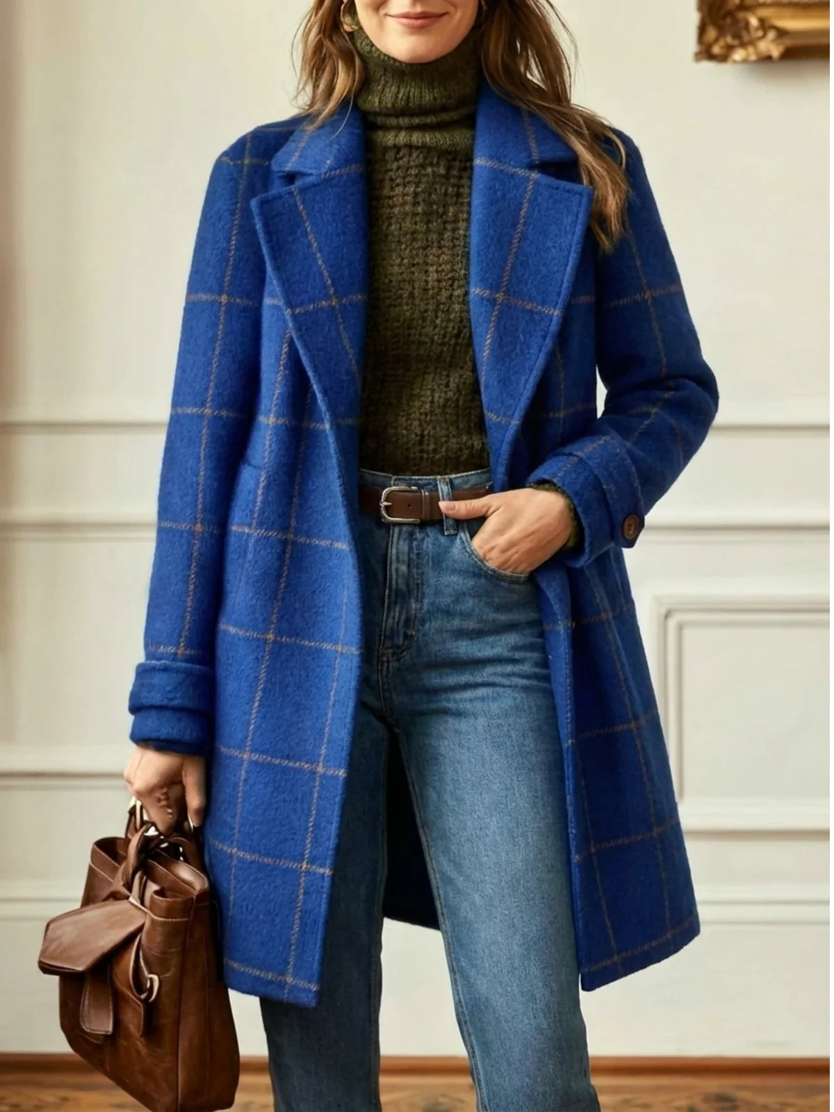 Women's blue plaid long coat