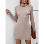 Women's apricot ribbed turtleneck sweater dress, bodycon mini fit