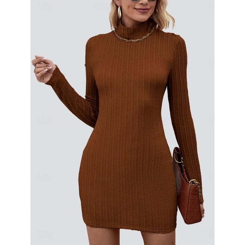 Women's brown ribbed turtleneck sweater dress, bodycon mini fit