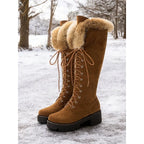 Women's camel fur-Trimmed Platform Knee-High Boots for Winter