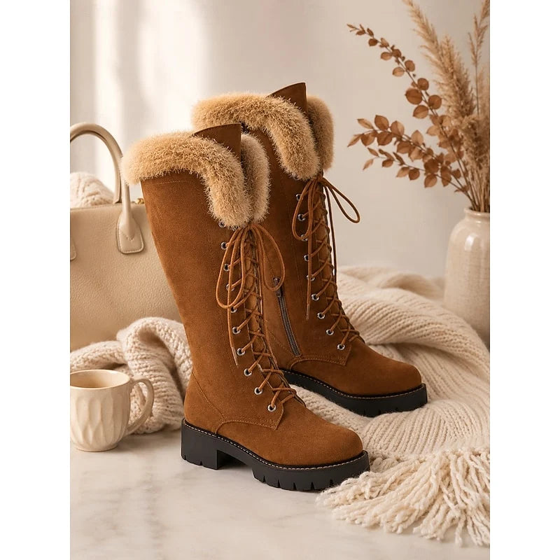 Women's black fur-Trimmed Platform Knee-High Boots for Winter