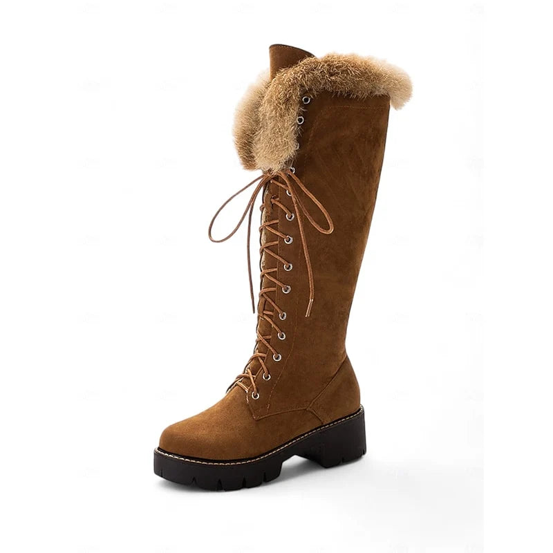 Women's black fur-Trimmed Platform Knee-High Boots for Winter