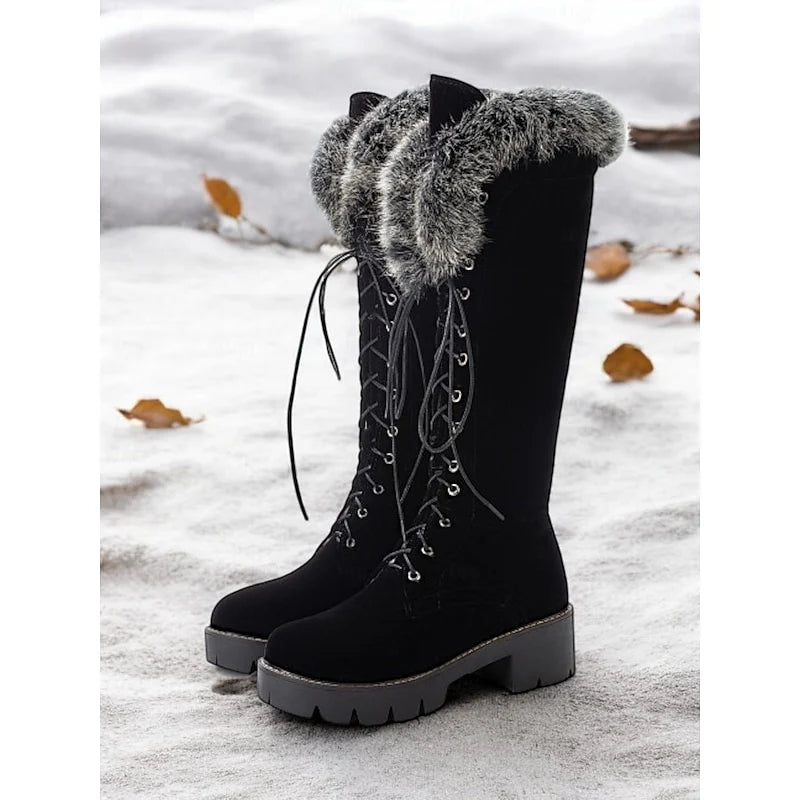 Women's black fur-Trimmed Platform Knee-High Boots for Winter