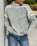 Women's gray fair isle mock neck sweater with contrast yoke