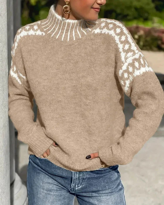 Women's khaki fair isle mock neck sweater with contrast yoke