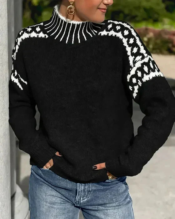 Women's black fair isle mock neck sweater with contrast yoke