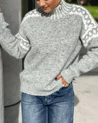 Women's gray fair isle mock neck sweater with contrast yoke