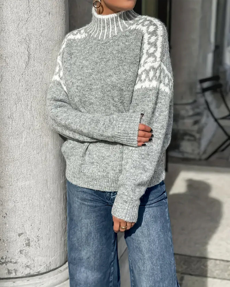Women's gray fair isle mock neck sweater with contrast yoke