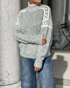 Women's gray fair isle mock neck sweater with contrast yoke