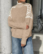 Women's khaki fair isle mock neck sweater with contrast yoke