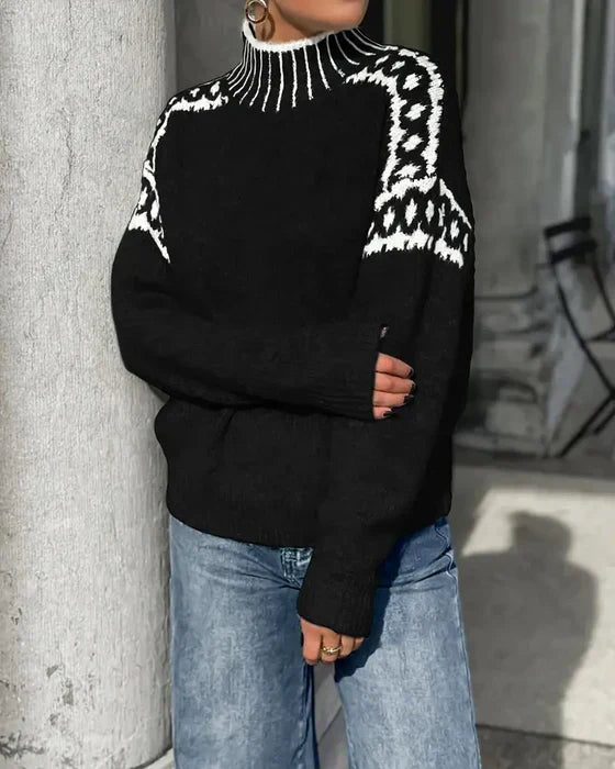 Women's black fair isle mock neck sweater with contrast yoke