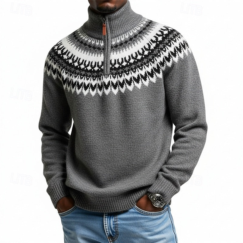 Men's gray nordic Fair Isle Quarter-Zip Knit Sweater