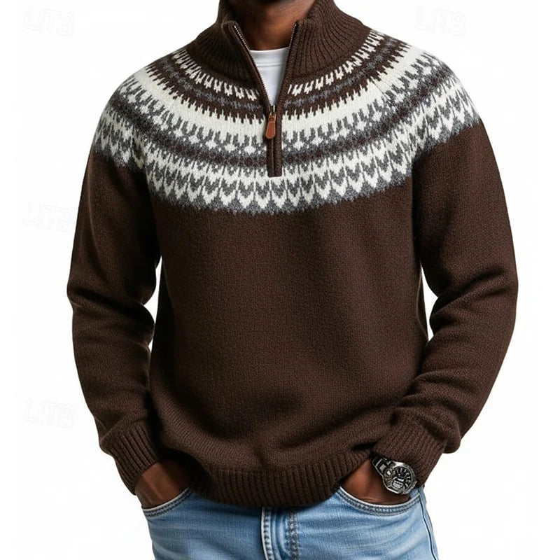 Men's brown nordic Fair Isle Quarter-Zip Knit Sweater