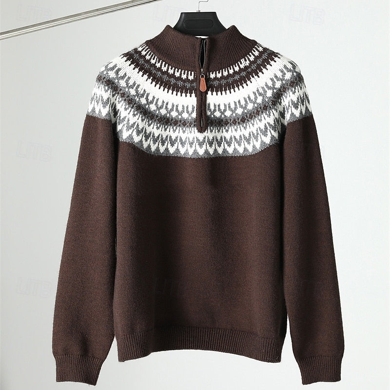 Men's brown nordic Fair Isle Quarter-Zip Knit Sweater