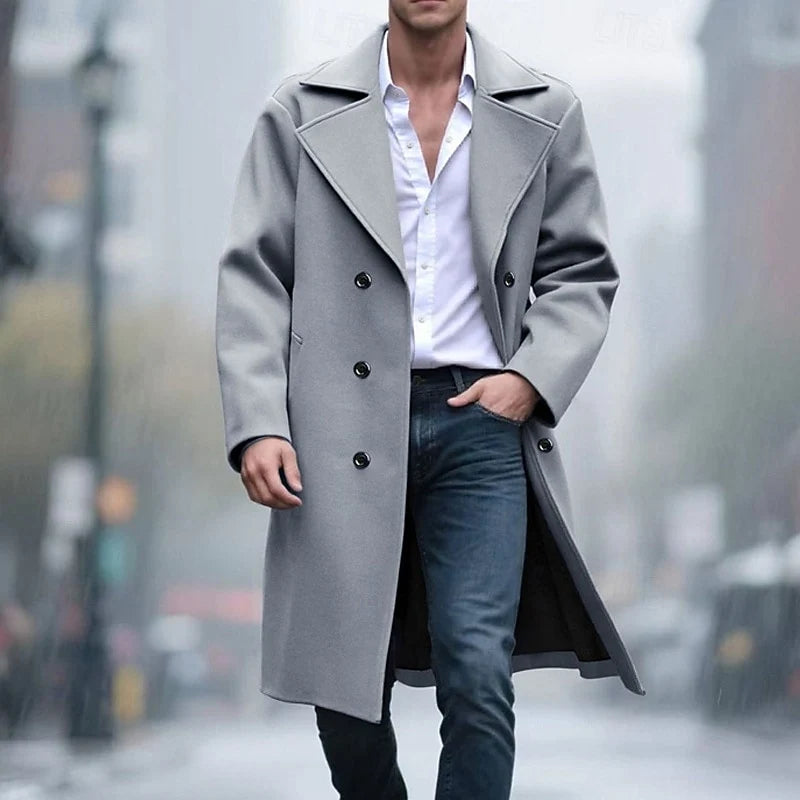 Men's light gray wool-blend Double-Breasted Overcoat, Notch Lapel