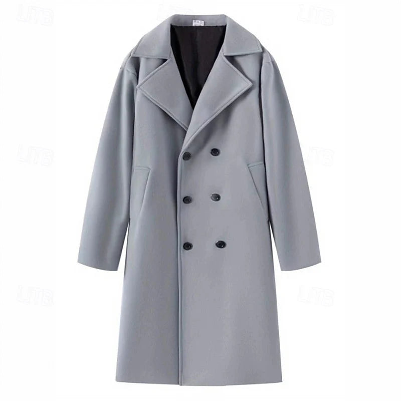 Men's black wool-blend Double-Breasted Overcoat, Notch Lapel