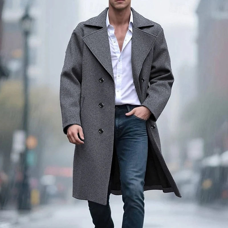 Men's black wool-blend Double-Breasted Overcoat, Notch Lapel