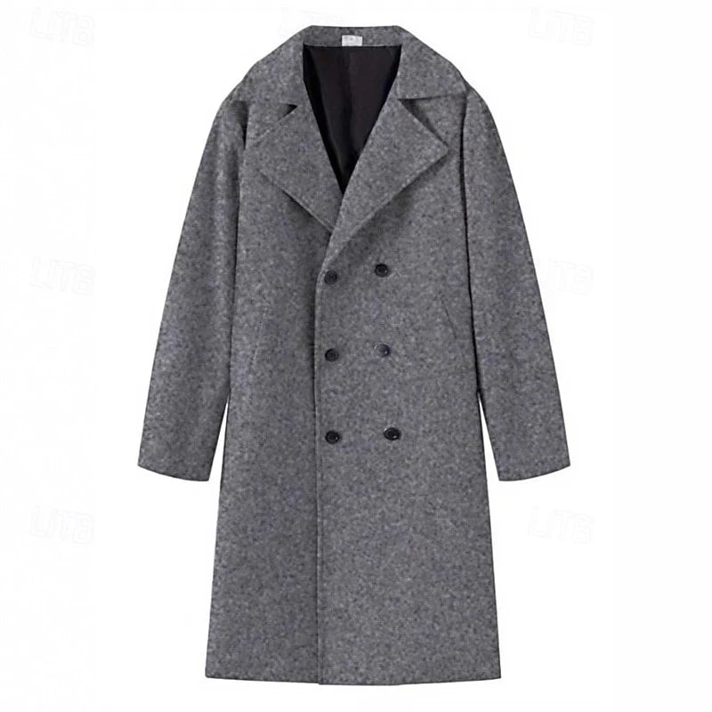Men's black wool-blend Double-Breasted Overcoat, Notch Lapel