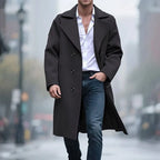 Men's black wool-blend Double-Breasted Overcoat, Notch Lapel