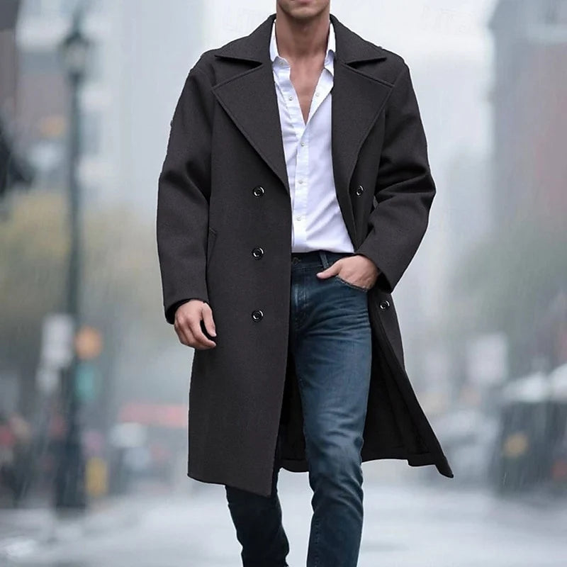 Men's black wool-blend Double-Breasted Overcoat, Notch Lapel