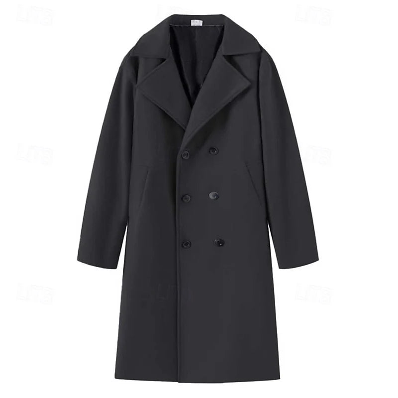 Men's black wool-blend Double-Breasted Overcoat, Notch Lapel