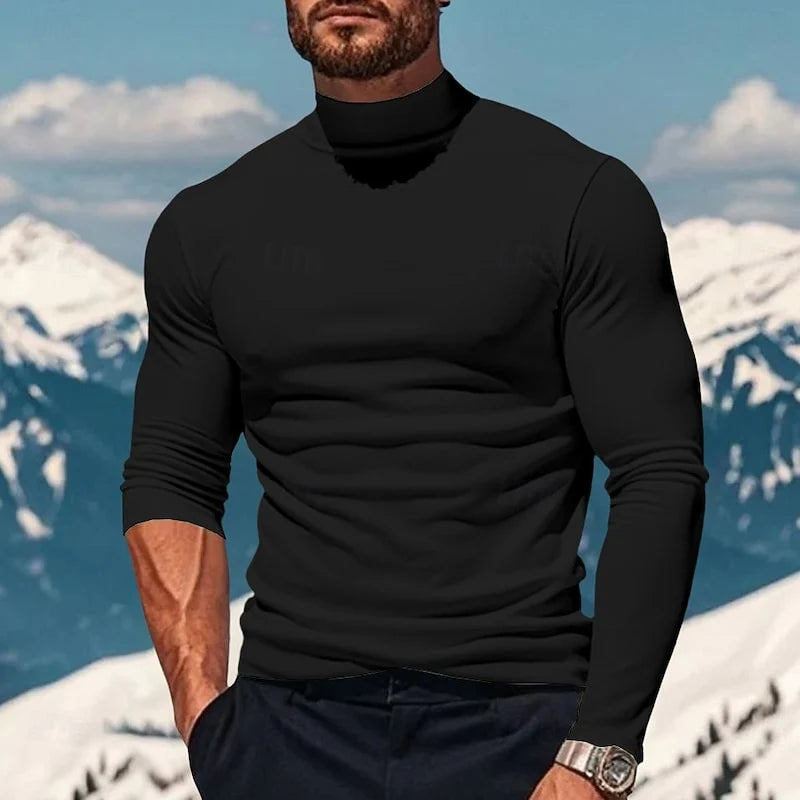 Men's black slim fit mock neck long sleeve shirt, front view