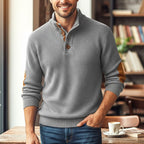 Men's gray waffle-knit Mock Neck Sweater with Elbow Patches