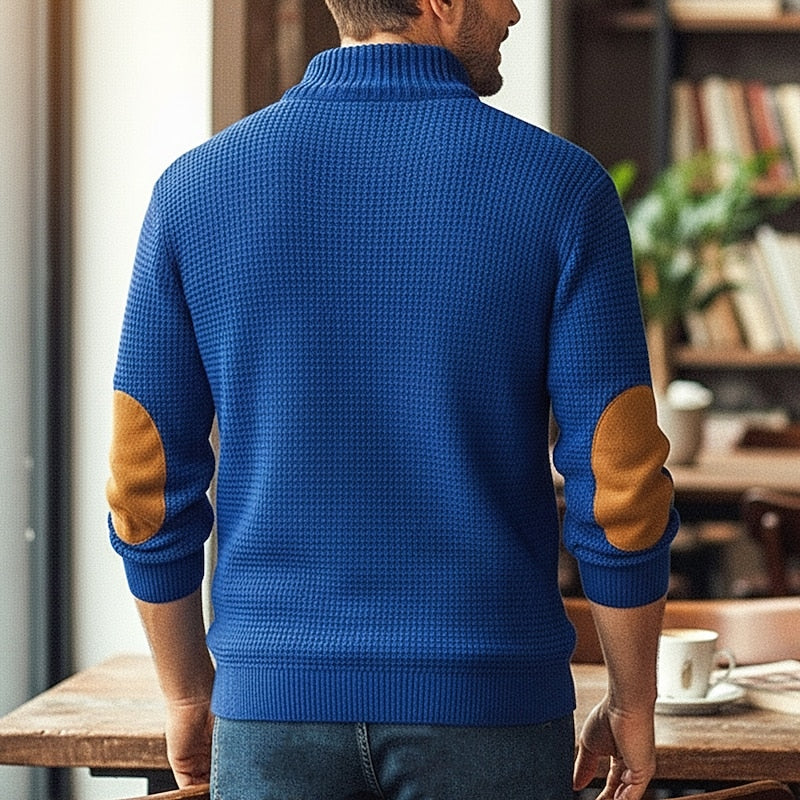 Men's royal blue waffle-knit Mock Neck Sweater with Elbow Patches