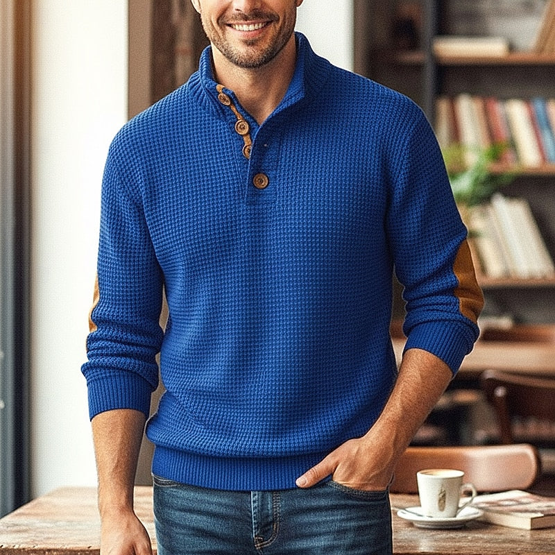 Men's khaki waffle-knit Mock Neck Sweater with Elbow Patches