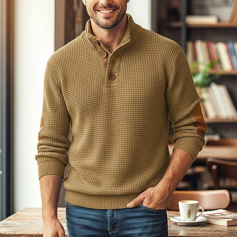 Men's black waffle-knit Mock Neck Sweater with Elbow Patches
