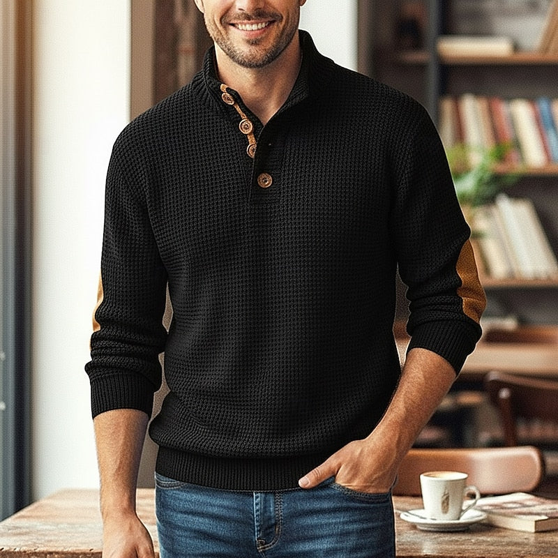 Men's black waffle-knit Mock Neck Sweater with Elbow Patches