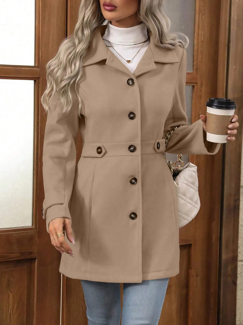 Women's khaki belted single-breasted coat