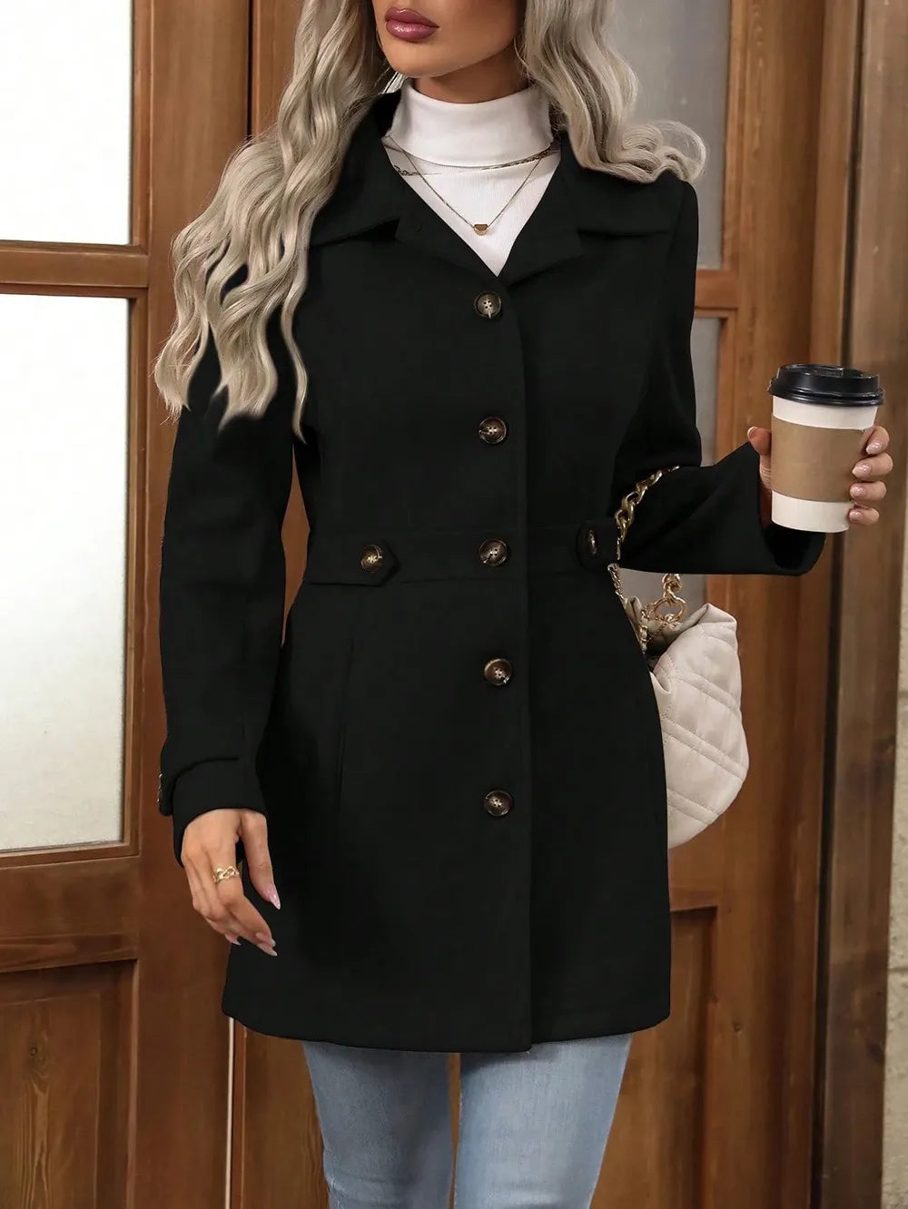 Women's black belted single-breasted coat