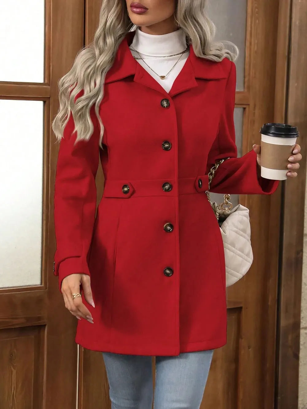 Women's red belted single-breasted coat