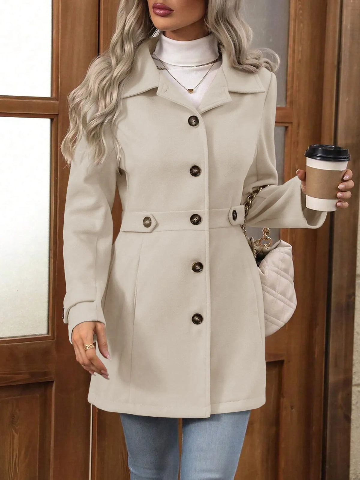 Women's apricot belted single-breasted coat