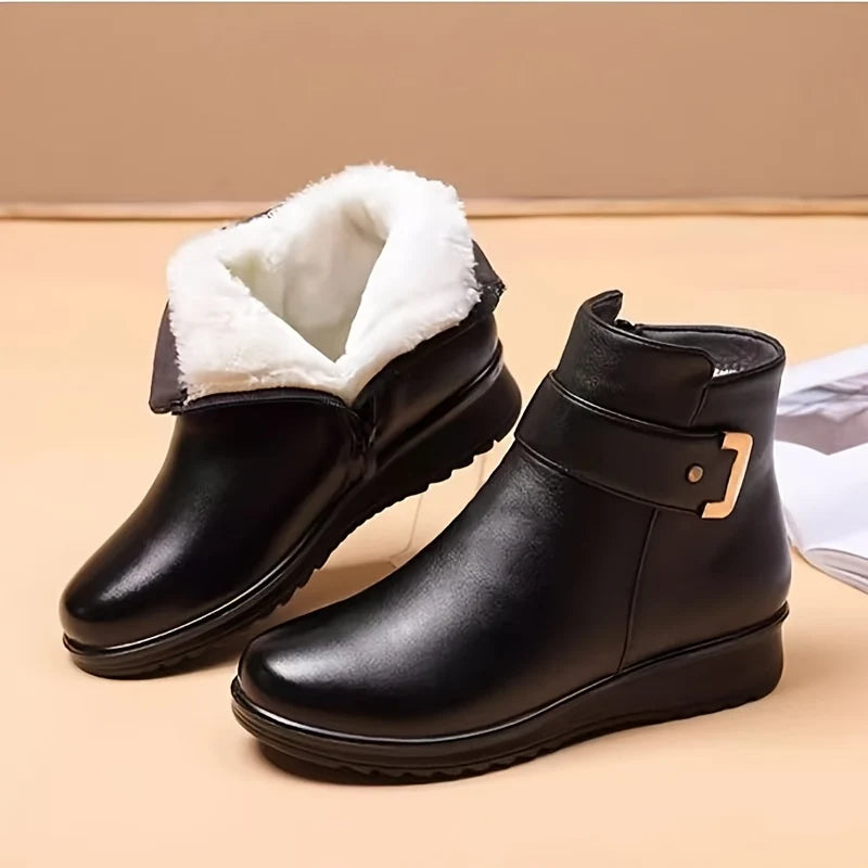 Women's black cozy buckle ankle boots with cushioned insole