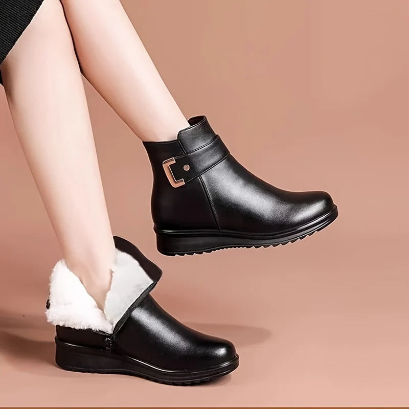 Women's black cozy buckle ankle boots with cushioned insole