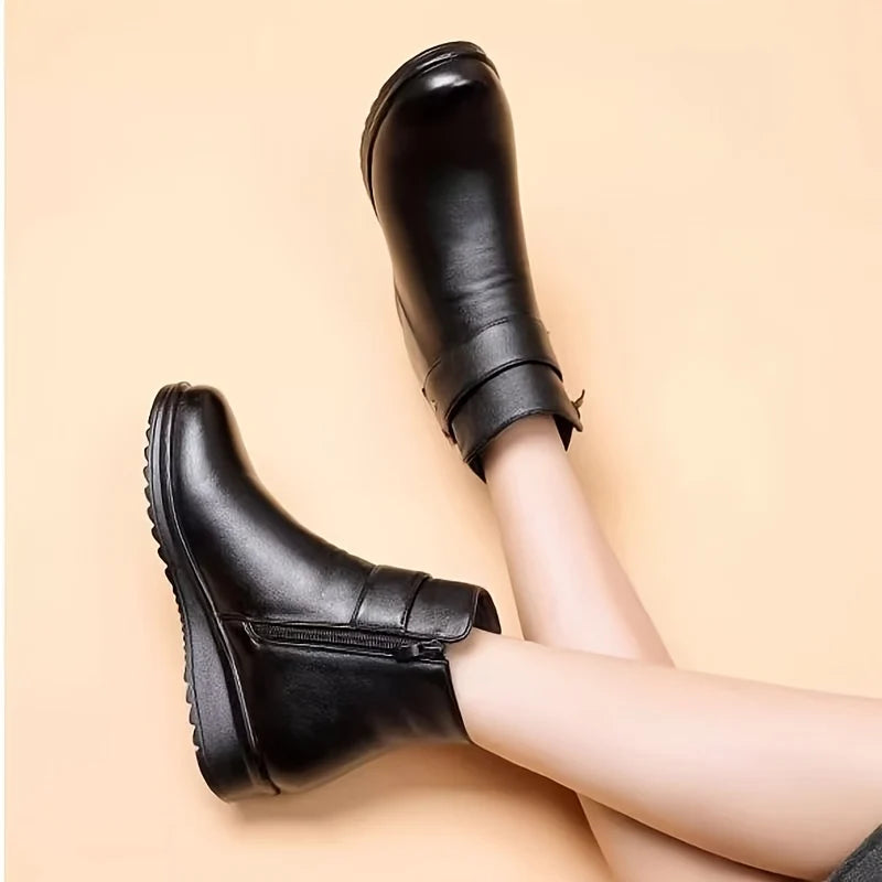 Women's black cozy buckle ankle boots with cushioned insole
