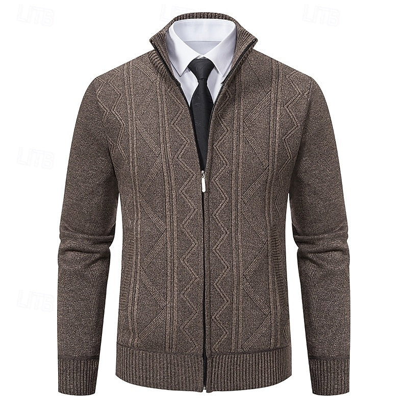 Men's coffee chunky cable-knit zip-up cardigan with zip pockets
