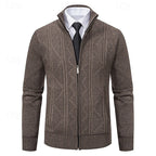 Men's coffee chunky cable-knit zip-up cardigan with zip pockets