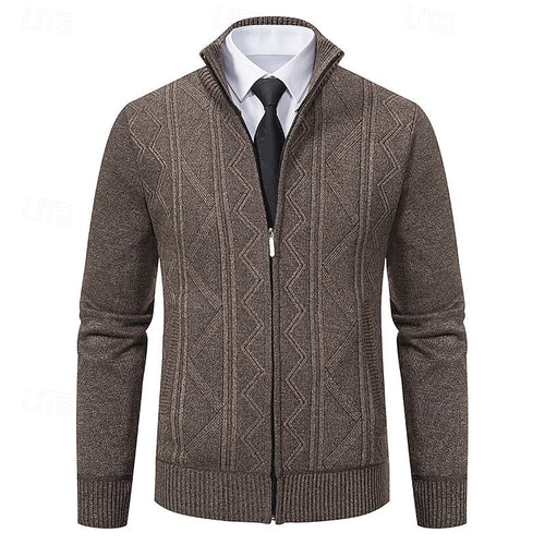 Men's coffee chunky cable-knit zip-up cardigan with zip pockets