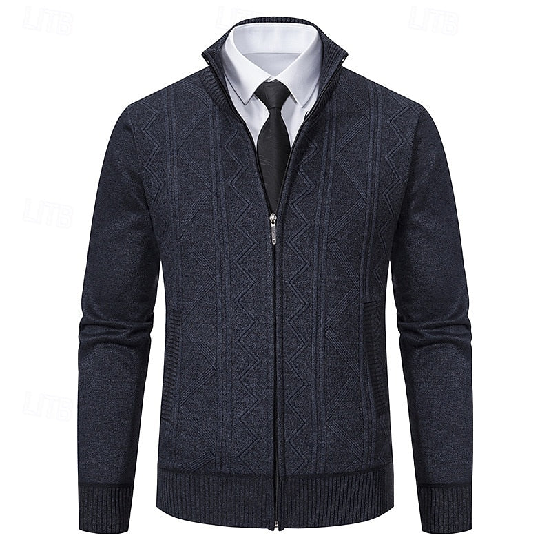 Men's dark gray chunky cable-knit zip-up cardigan with zip pockets