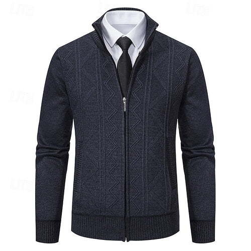 Men's dark gray chunky cable-knit zip-up cardigan with zip pockets