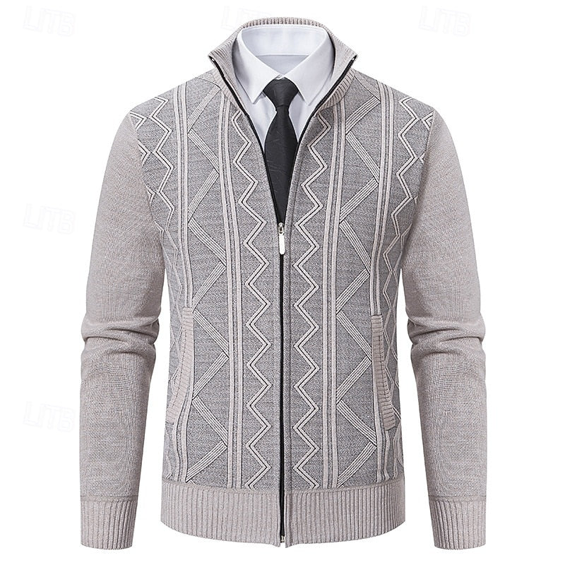 Men's beige chunky cable-knit zip-up cardigan with zip pockets