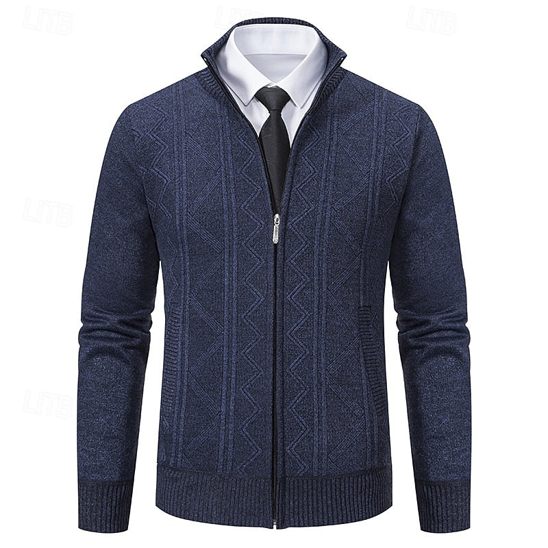 Men's navy blue chunky cable-knit zip-up cardigan with zip pockets