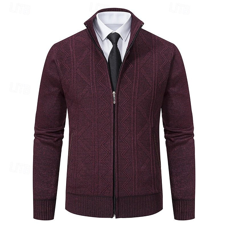 Men's burgundy chunky cable-knit zip-up cardigan with zip pockets